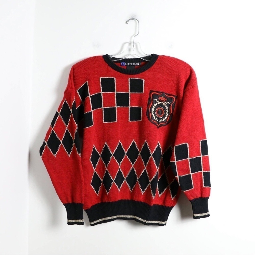 Vintage I B Diffusion 80s oversized knit geometric print sweater dark academia - Picture 2 of 8